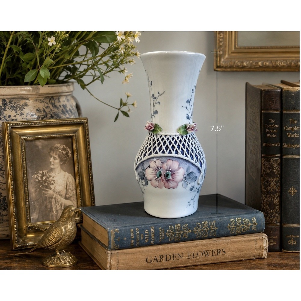 SUMI Romania Porcelain Vase Hand Painted Floral 3D Roses Lattice Blue White 7.5"